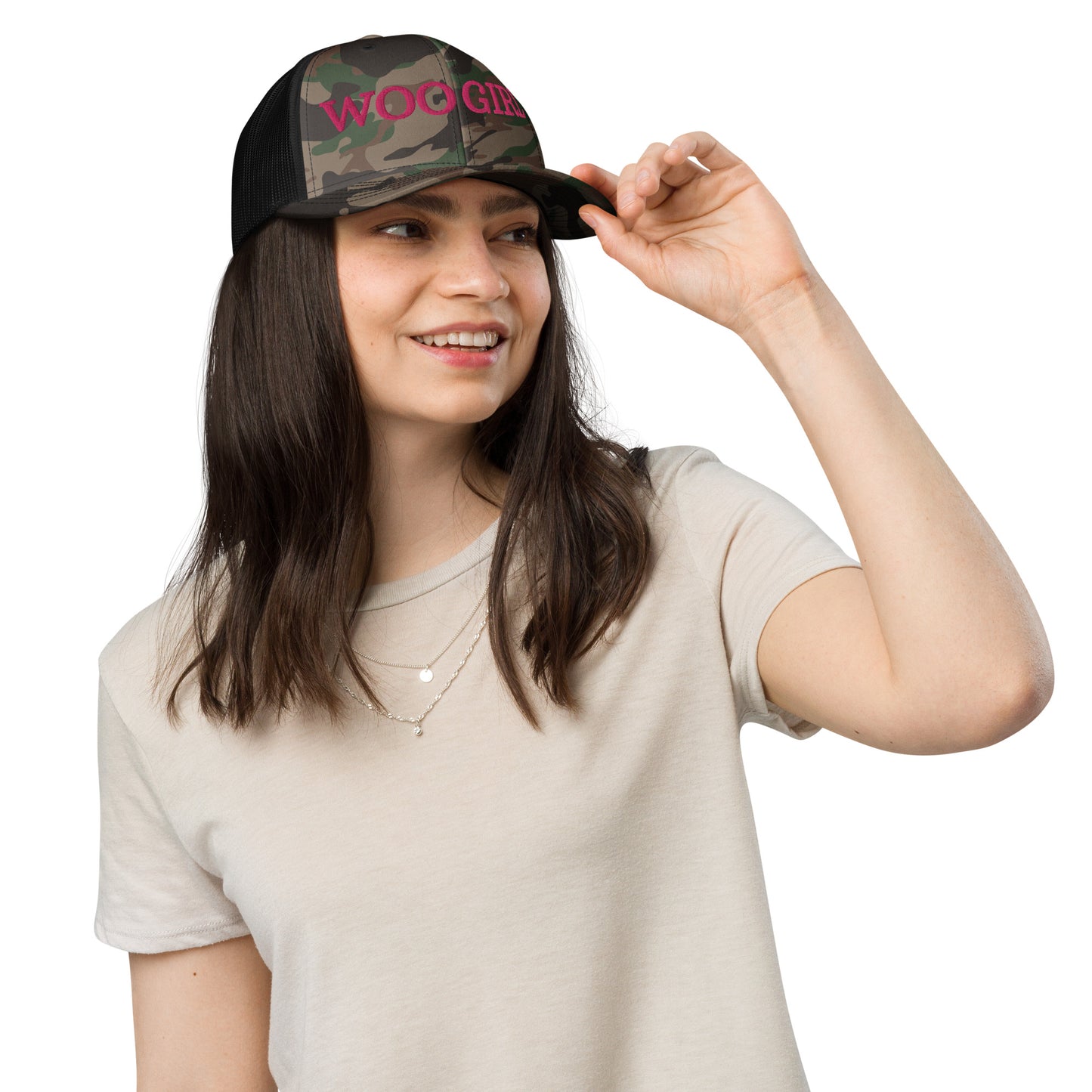 WOO GIRL Camouflage Trucker Hat (pink lettering)