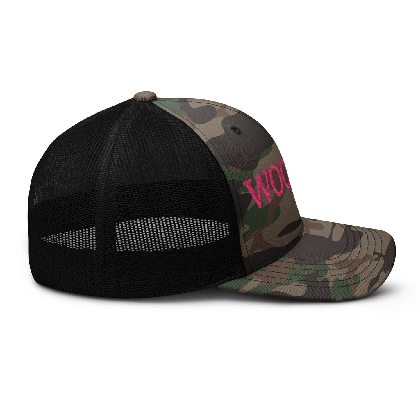WOO GIRL Camouflage Trucker Hat (pink lettering)