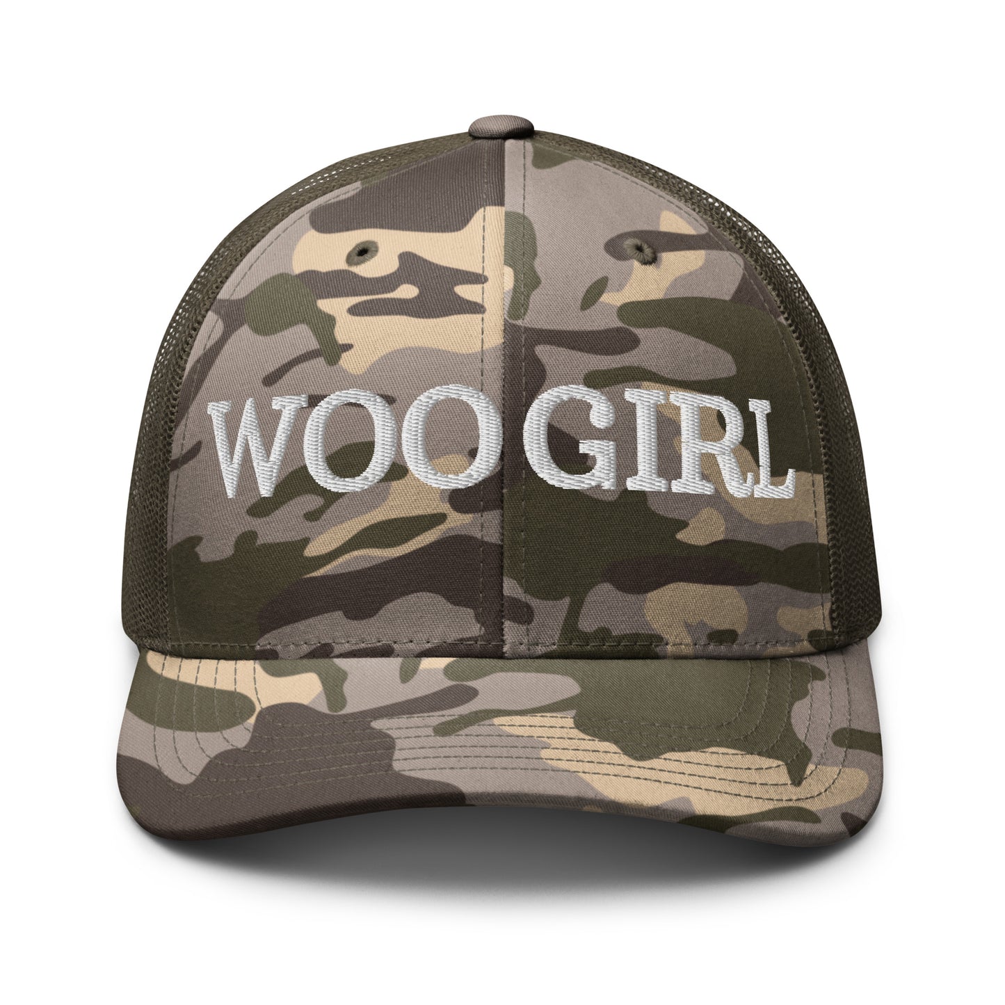 WOO GIRL Camouflage Trucker Hat (white lettering)