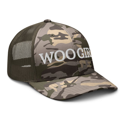 WOO GIRL Camouflage Trucker Hat (white lettering)