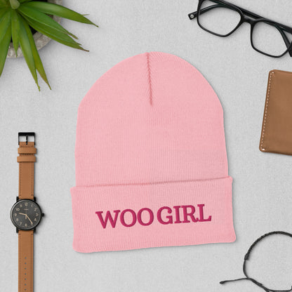 Woo Girl Cuffed Beanie (pink lettering)