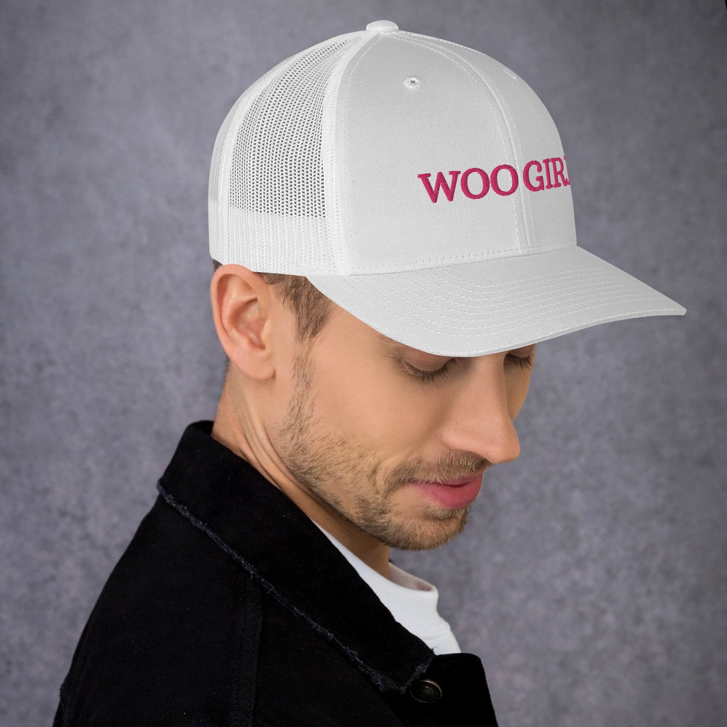 WOO GIRL Trucker Hat (pink lettering)